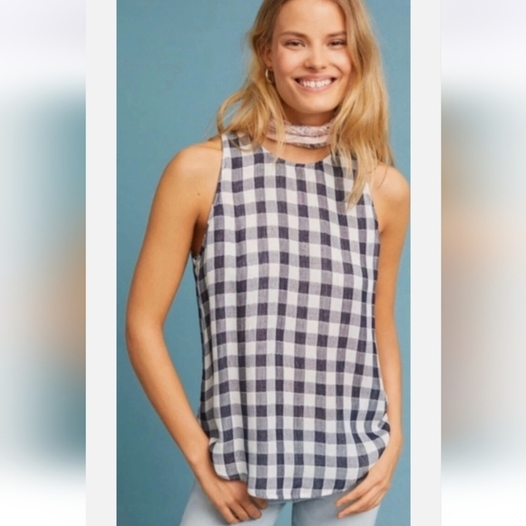 cloth & stone Tops - Cloth & Stone Anthropologie Navy and White Gingham Sleeveless Blouse